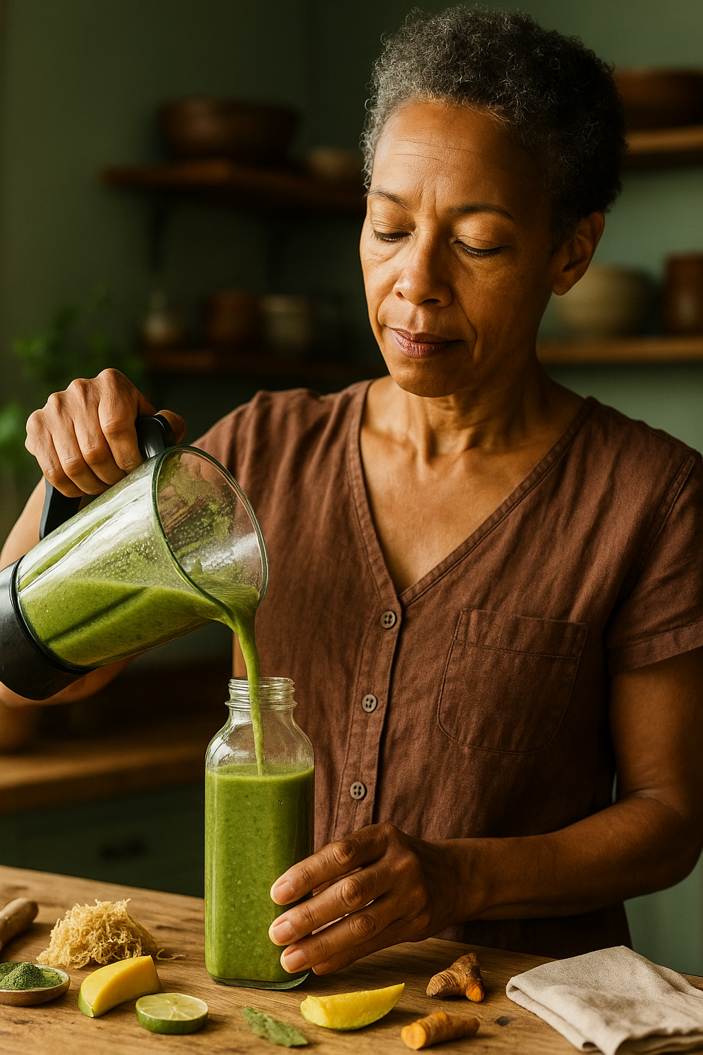 Woman preparing a green smoothie using whole food ingredients for a holistic wellness lifestyle